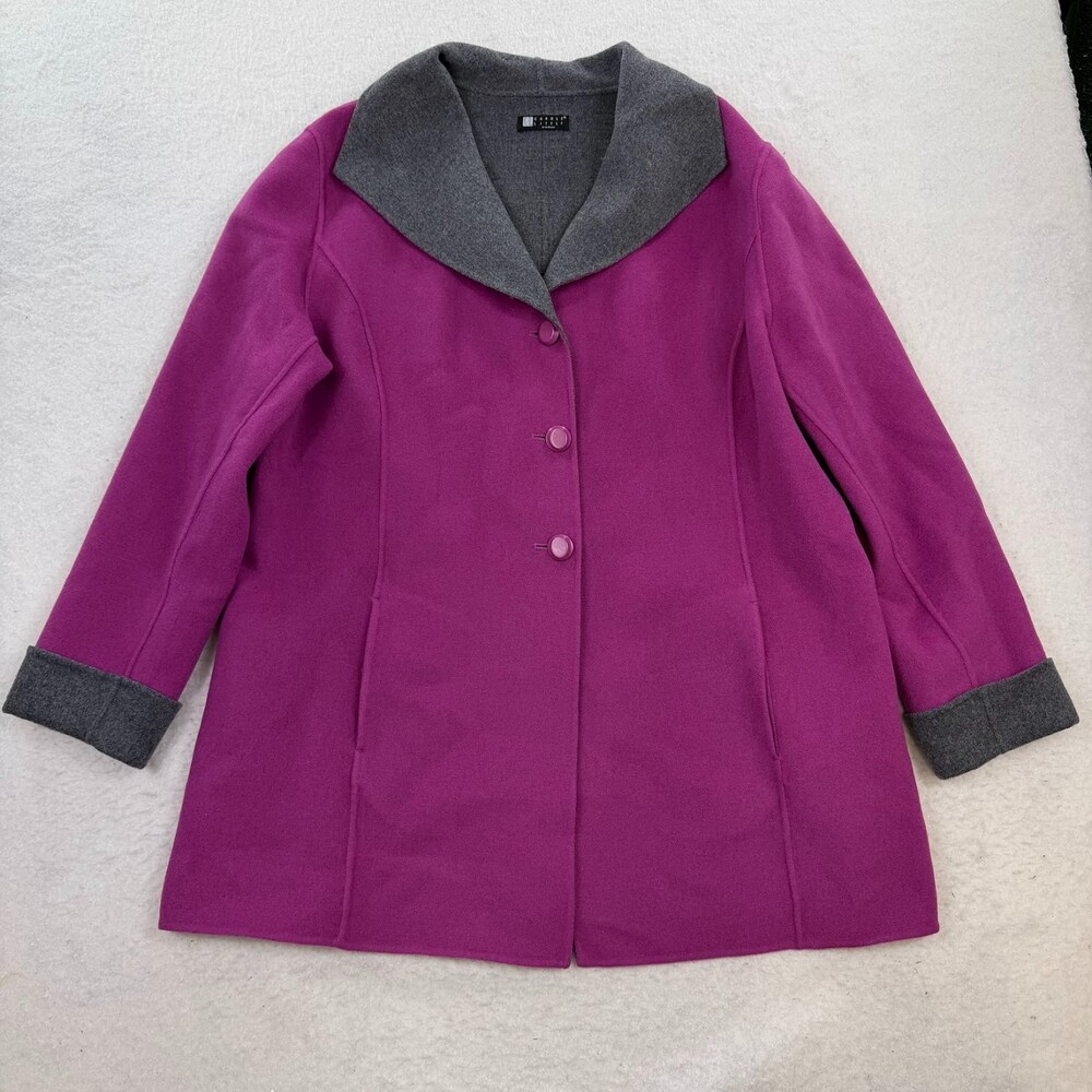 CAROLE LITTLE 90s Vintage Dark Magenta 100% Wool Peacoat Grey Trim Size 2X